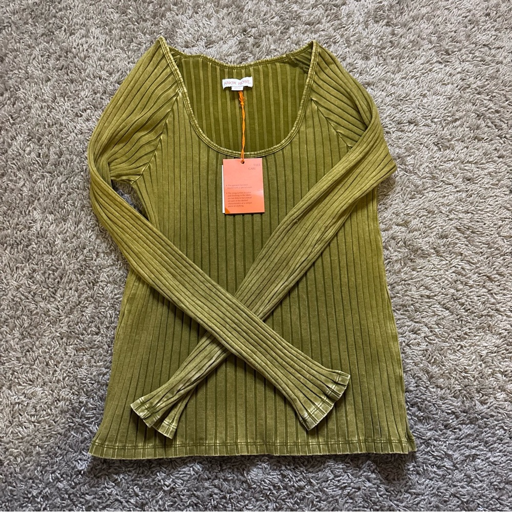 Knox Rose Olive Green Ribbed Long Sleeve Top